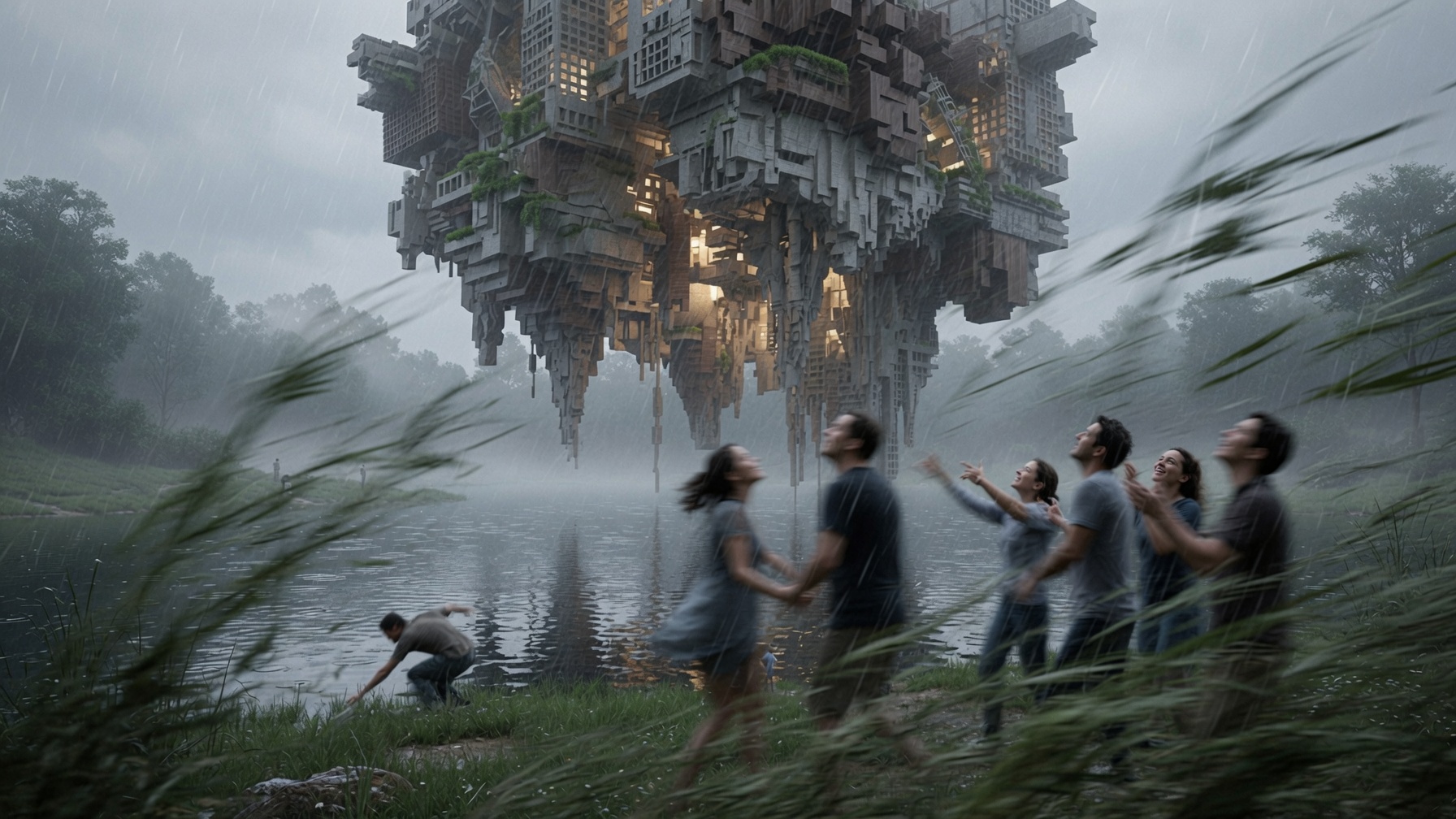 People on the bank looking up at the floating structure in the rain