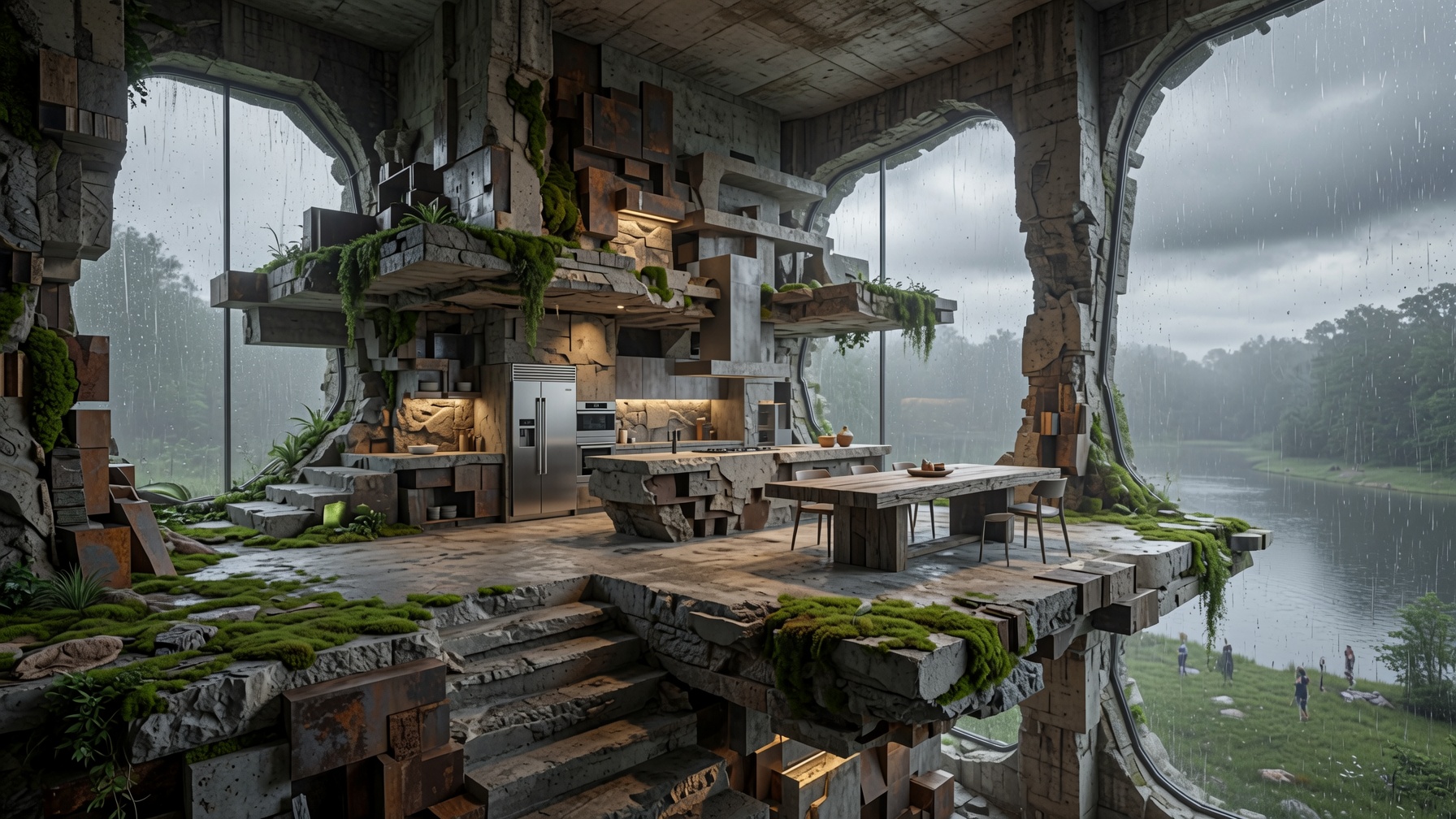 Kitchen and dining area cut into the same structural grid