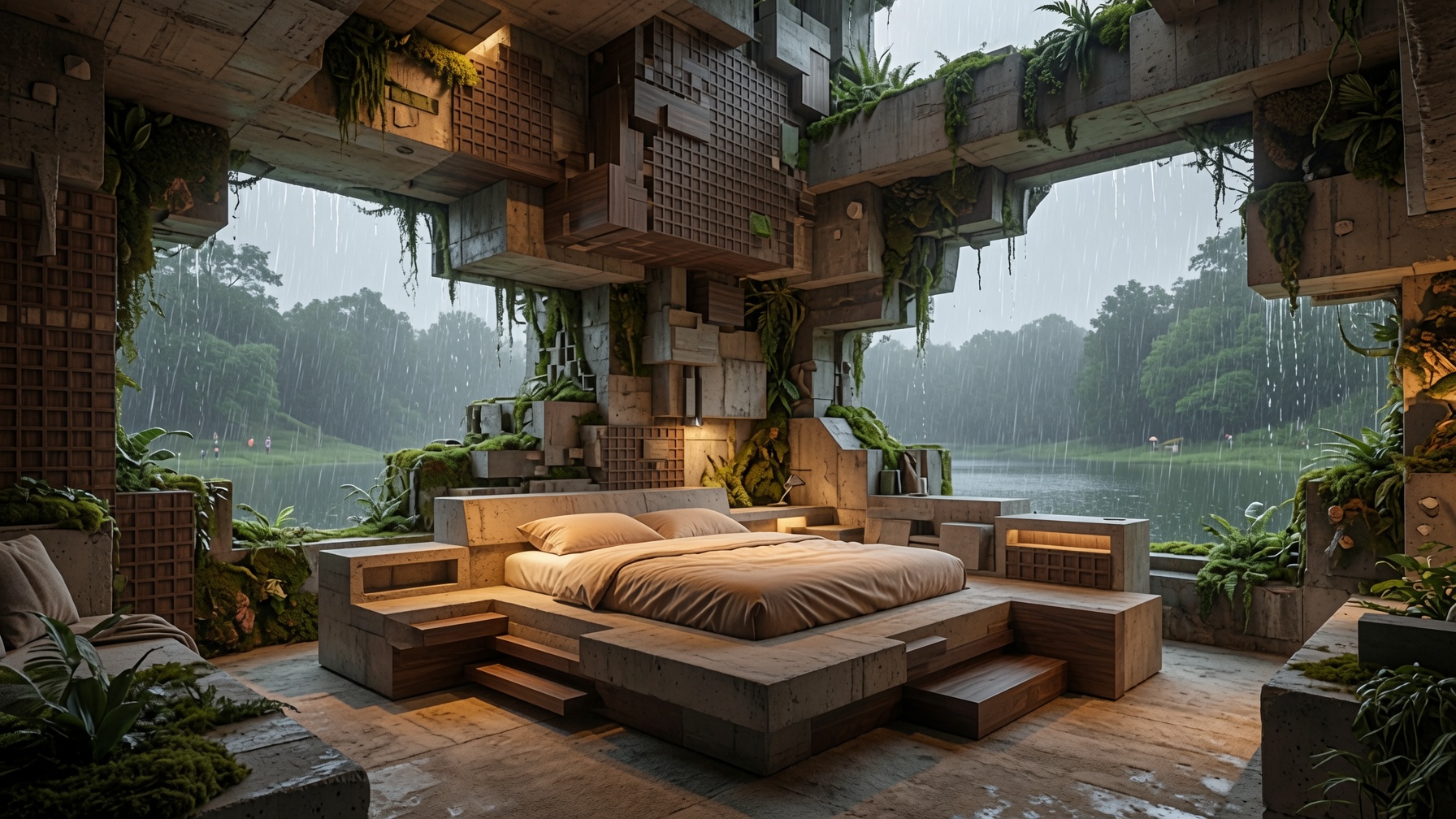 Bedroom inside the structure with rain and lake view
