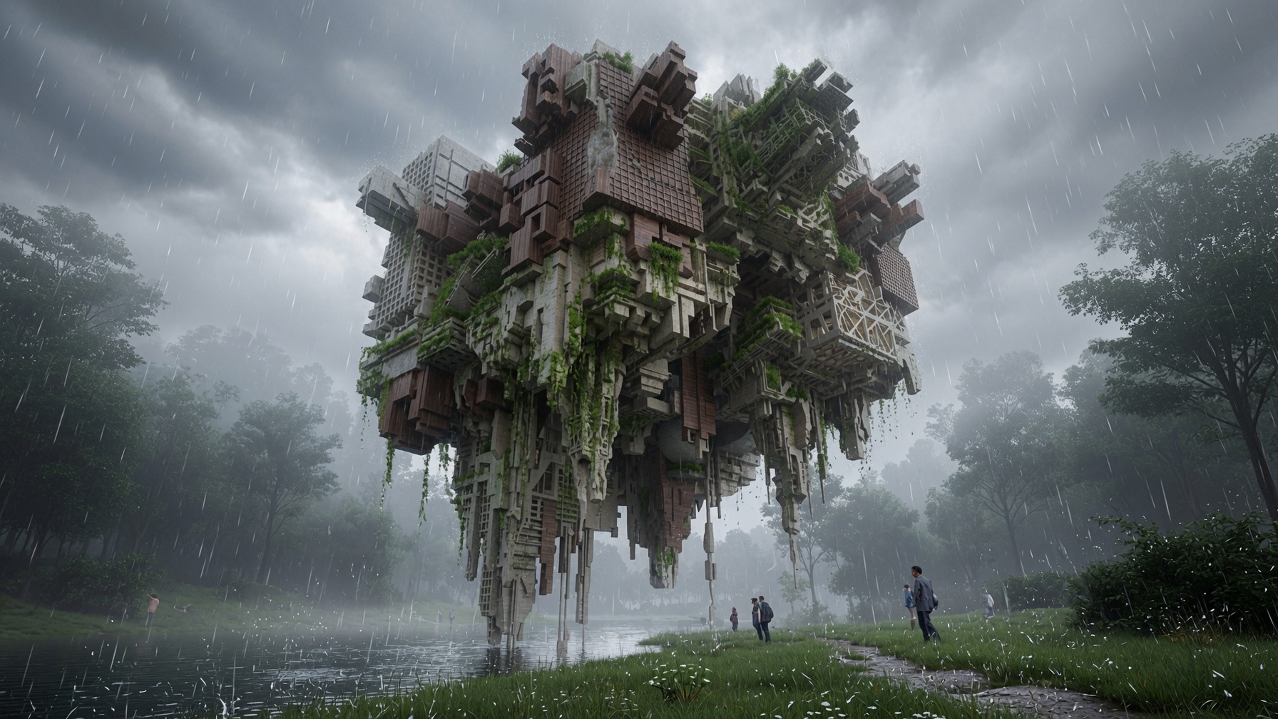 AI-generated massing model standing in a rainy landscape