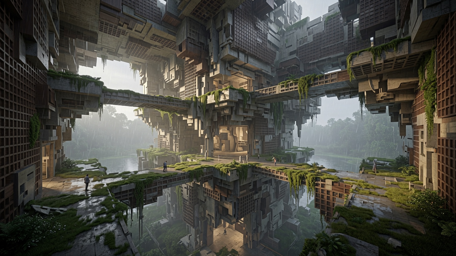 Courtyard inside the structure with walkways and planting