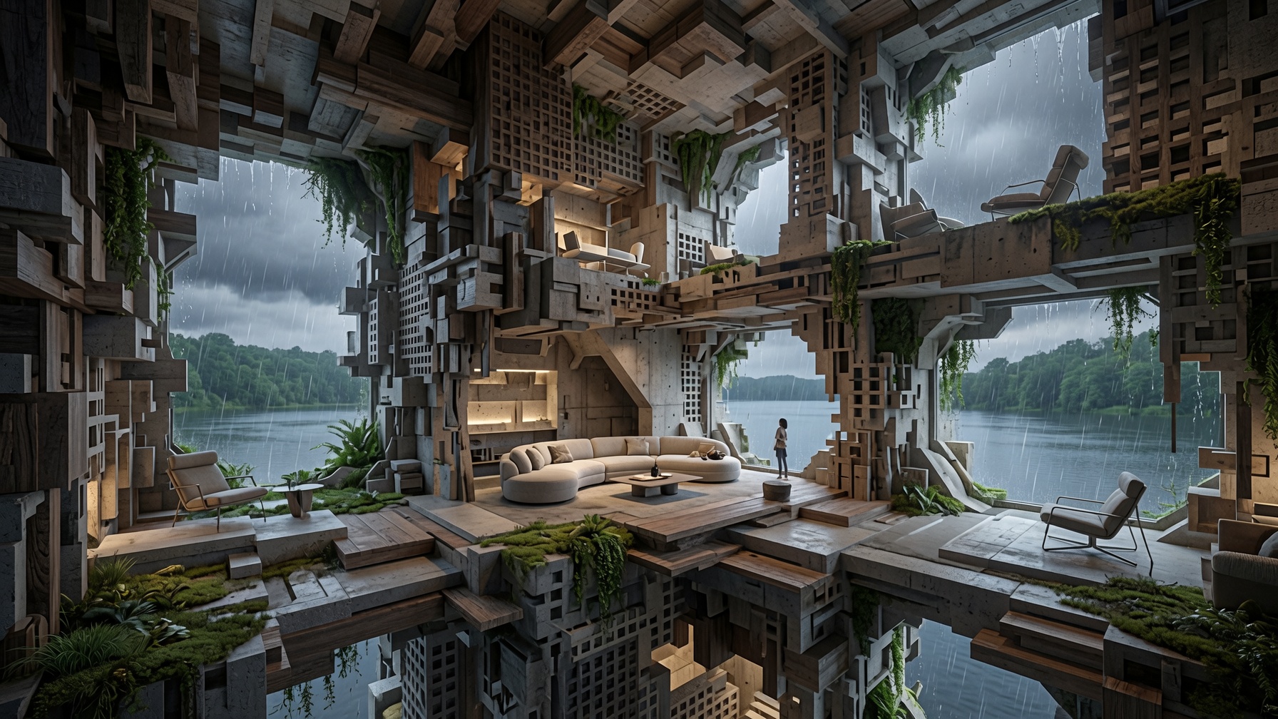 Living room interior inside the generated structure overlooking a lake